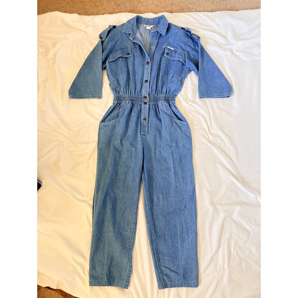 Vintage 80s DREAMS Denim Jumpsuit Boiler Suit Romper Snap Front Cinched Waist M